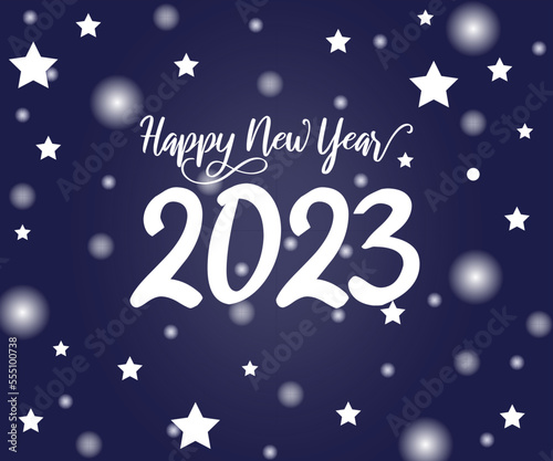 Happy new year 2023 vector design with blue background. Holiday celebration banner  poster  greeting card design with bokeh effect.