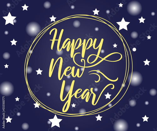 Happy new year vector design with hand drawn frame. Dark blue with bokeh effect. Using for banner, poster, greeting card. © Nusrat_j_VectorArt