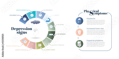 Infographic :indicative signs that we may have a depression. Pie chart with icons on white background