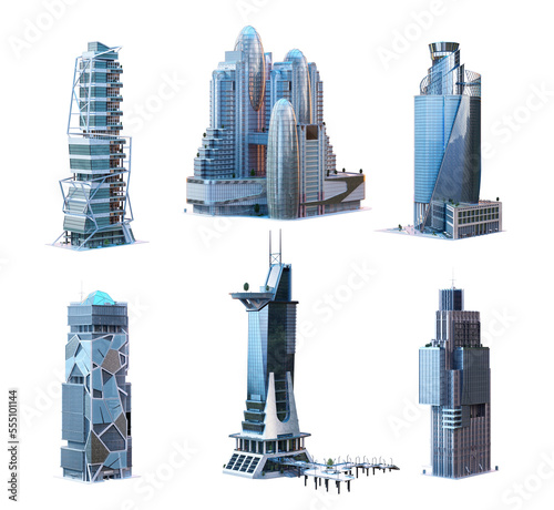 Skyscrapers, business towers, office, residential and commercial tall buildings set. Modern eco cityscape 3D render design elements. Future smart city megapolis town skyscraper icons isolated on white