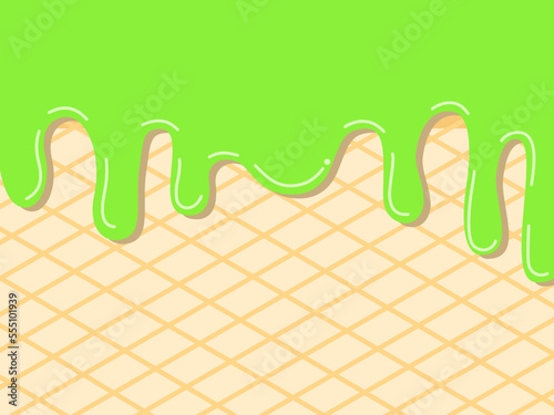 green or lemon ice-cream melt on cone. Lemon lame or green tea flavor. Illustration about sweet dessert in flat design.