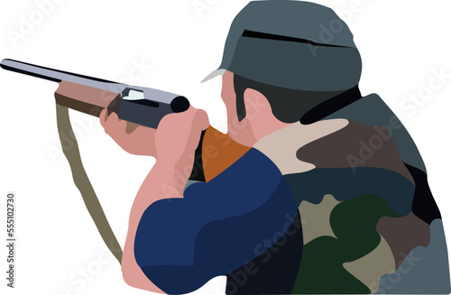 hunter in camouflage clothing aims his rifle-