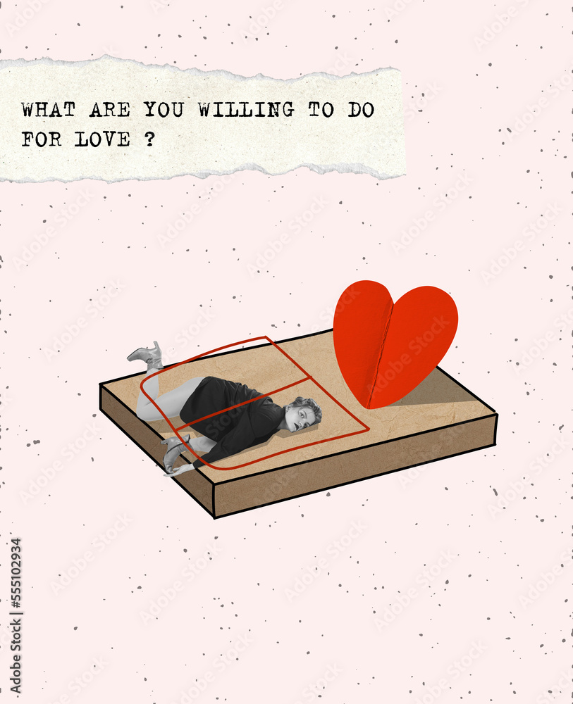Girl lies on drawn mousetrap with a heart. Creative design for