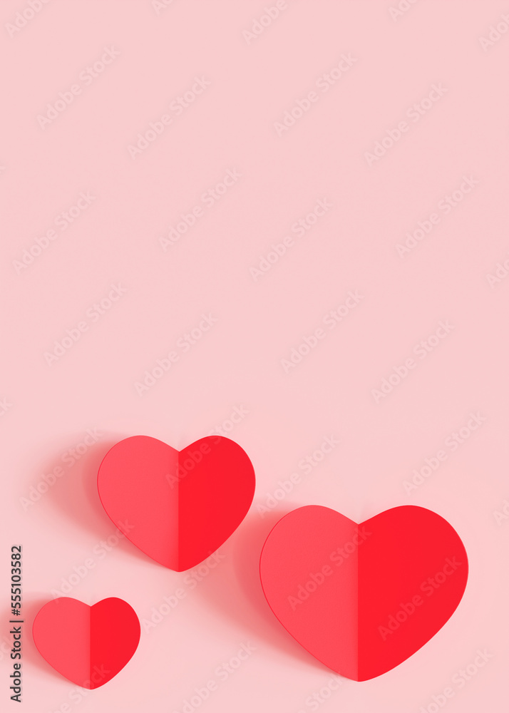 Pink vertical background with hearts and copy space. Valentine's Day, Mother's Day, Wedding backdrop. Empty space for advertising text, invitation, logo. Postcard, greeting card design. Love. 3D