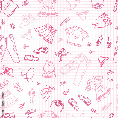 Seamless pattern of Doodles Little Girls Clothes and Accessories