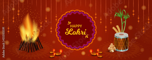 Traditional Happy Lohri Horizontal background design. Dhol, Bamboo, harvest and ladoo. Realistic digital graphic. Punjabi festival vector illustration. Website header, invite, promotion, social media