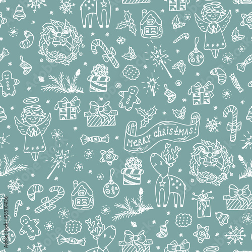 Merry Christmas. Christmas seamless pattern. Holiday background. Winter Endless texture. Hand Drawn Doodles illustration.