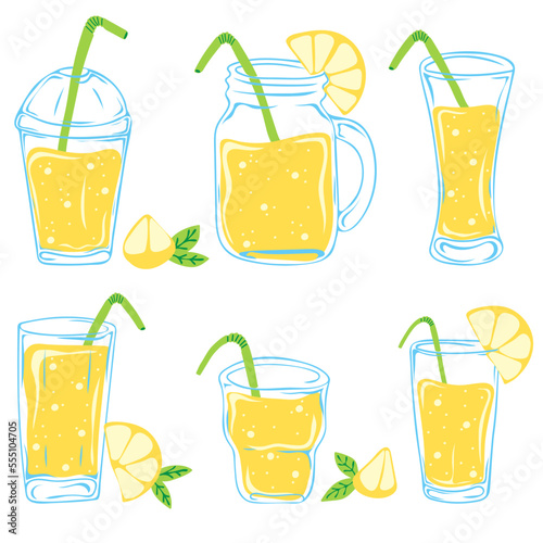 Glasses of lemonade with lemon slices. Set of summer drinks. Vector illustration