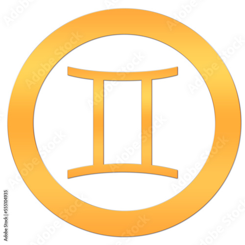 The Twin icon. Astrological sign of the horoscope. Zodiac symbol. The element is air. Gold sticker with the image of the zodiac. The icon of the astrological symbol in a circle on white.