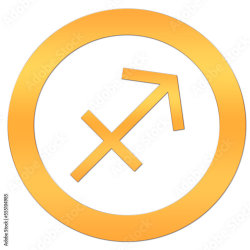 The Sagittarius icon. Astrological sign of the horoscope. Zodiac symbol. The element of fire. Gold sticker with the image of the zodiac. The icon of the astrological symbol in a circle on a white.