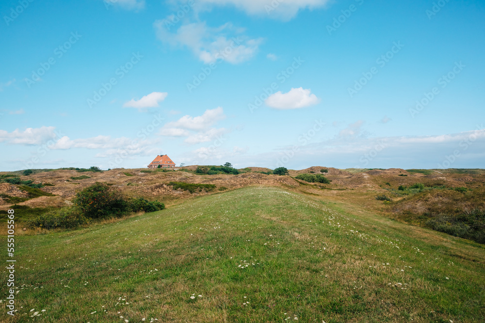 Obraz premium Lonely house on an island in Germany. House on a North Sea island in Germany. Clinker house between the dunes. Vacation in solitude