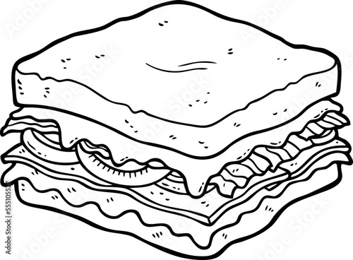 Vector Cartoon Ham And Cheese With Bacon Sandwich Line Art