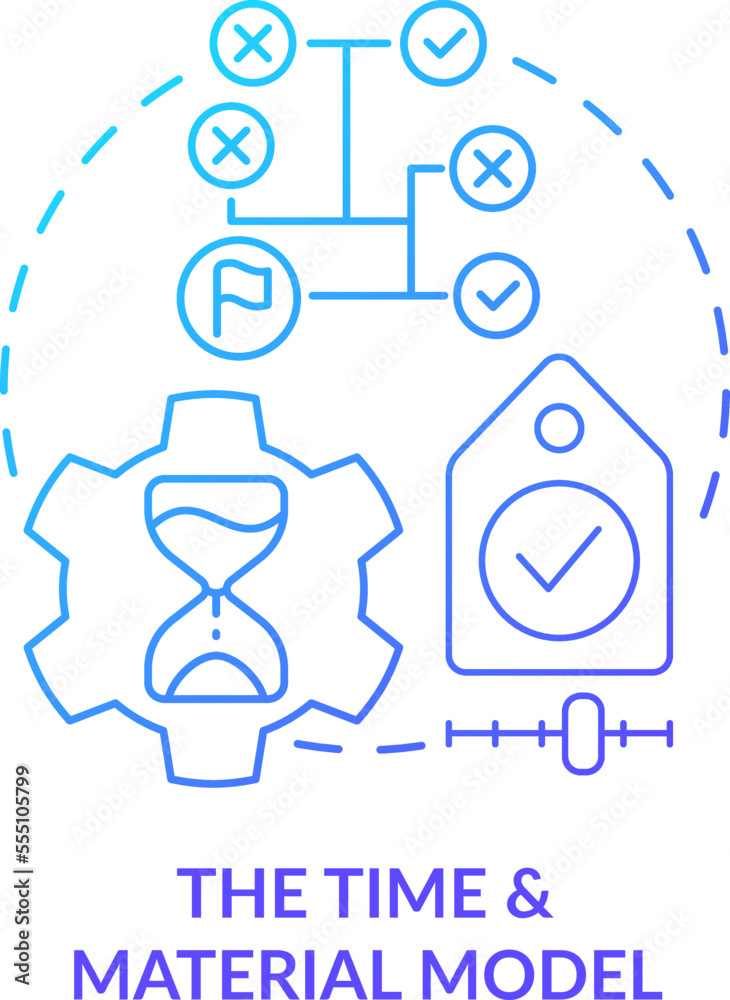 Time and material model blue gradient concept icon. Outsourcing contract type abstract idea thin line illustration. Hourly labor costs. Isolated outline drawing. Myriad Pro-Bold font used Time and material model blue gradient concept icon. Outsourcing contract type abstract idea thin line illustration. Hourly labor costs. Isolated outline drawing. Myriad Pro-Bold font used