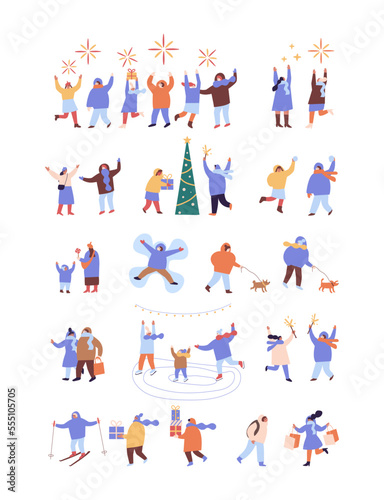 People celebrate winter Holidays flat vector collection. Happy New Year  Christmas. Winter outdoor activities.