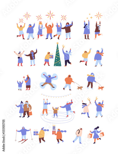 People celebrate winter Holidays flat vector collection. Happy New Year, Christmas. Winter outdoor activities.