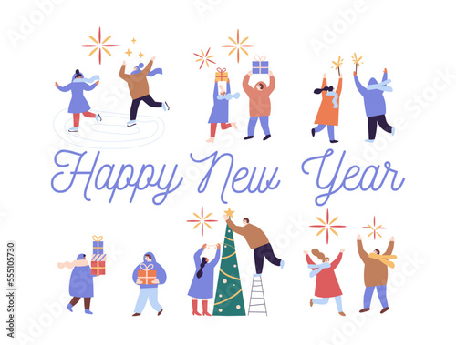 People celebrate winter Holidays flat vector collection. Happy New Year, Christmas. Winter outdoor activities. © Oksana