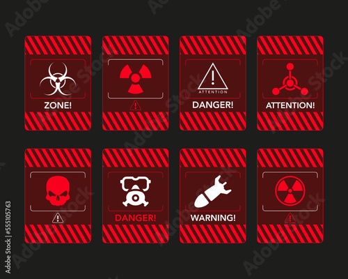 Red warning windows about radiation hazard. High voltage and nuclear radiation caution. Red warning windows about radiation hazard, danger message radiation hazard and high voltage.