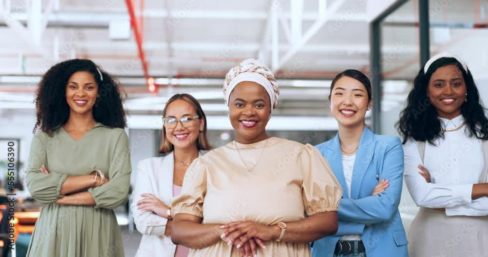 Business, women leadership and empowerment portrait of woman office staff ready for teamwork. Team work, advertising and creative management group with a smile happy about company growth vision