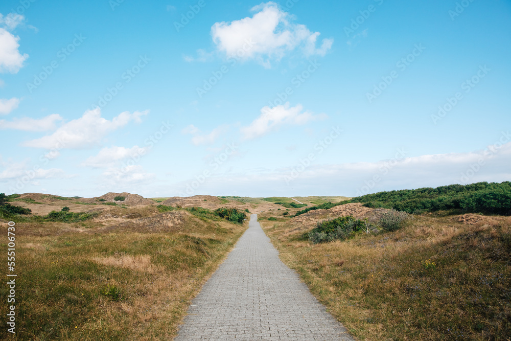 Beautiful path between the dunes on an island on the North Sea. Vacation in Germany, by the sea, on an island