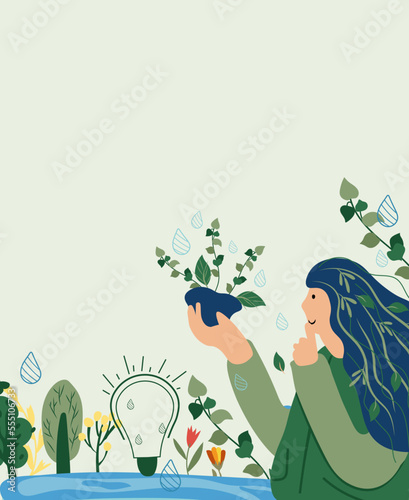 The ecology is in the hands of man. The concept of nature conservation, ecology, lifestyle. Green planet, earth day. Suitable for social posters, cards, logos, banner. Vector illustration.