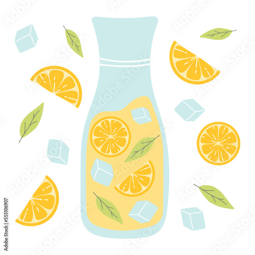 Pitcher with lemonade. Cool lemonade with pieces of lemon, mint and ice. Vector illustration isolated on white background. Flat style.