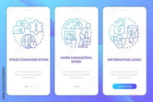 Outstaffing negative effects blue gradient onboarding mobile app screen. Walkthrough 3 steps graphic instructions with linear concepts. UI, UX, GUI template. Myriad Pro-Bold, Regular fonts used