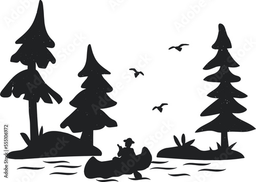 man sailing in a boat vector silhouette. forest of fir trees and a man in a boat vector silhouette