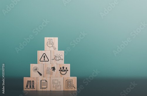 Wooden blocks stacked on table, document verification concept, ethics concept, Rules and policies, Terms and conditions, corporate governance documents