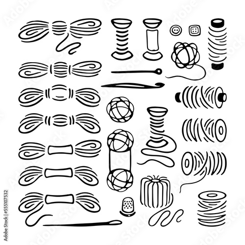 Yarns Balls, Hanks and Skeins. Black and white logo. Hand drawn icons collection. Vector illustration on white background.