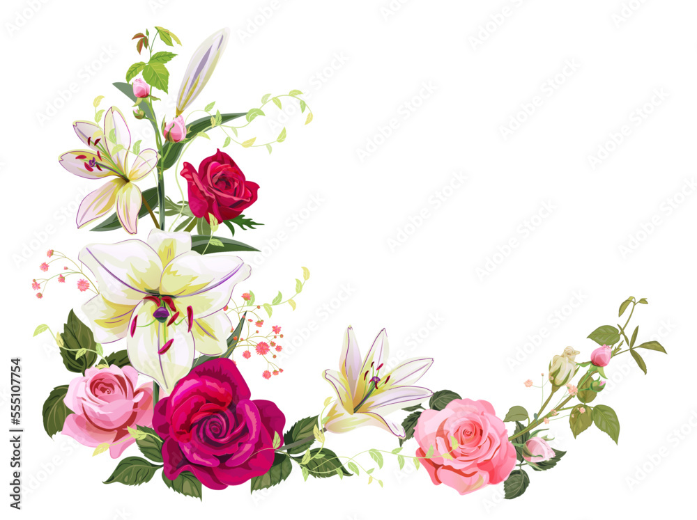 Angled  with pink, red roses, white lilies, spring blossom. Branches with gentle flowers on white background. Gentle realistic  in watercolor style for wedding design. Vintage, vector