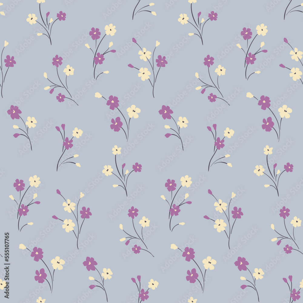 Seamless floral pattern, delicate ditsy print with simple small plants in liberty composition on a gentle blue background. Pretty flower design with tiny hand drawn flowers on thin stems. Vector. Seamless floral pattern, delicate ditsy print with simple small plants in liberty composition on a gentle blue background. Pretty flower design with tiny hand drawn flowers on thin stems. Vector.