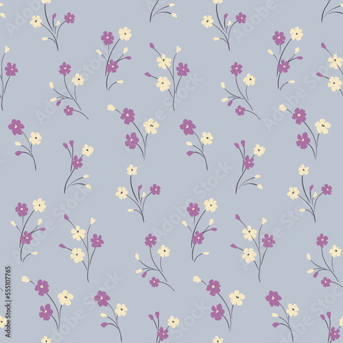 Seamless floral pattern, delicate ditsy print with simple small plants in liberty composition on a gentle blue background. Pretty flower design with tiny hand drawn flowers on thin stems. Vector.