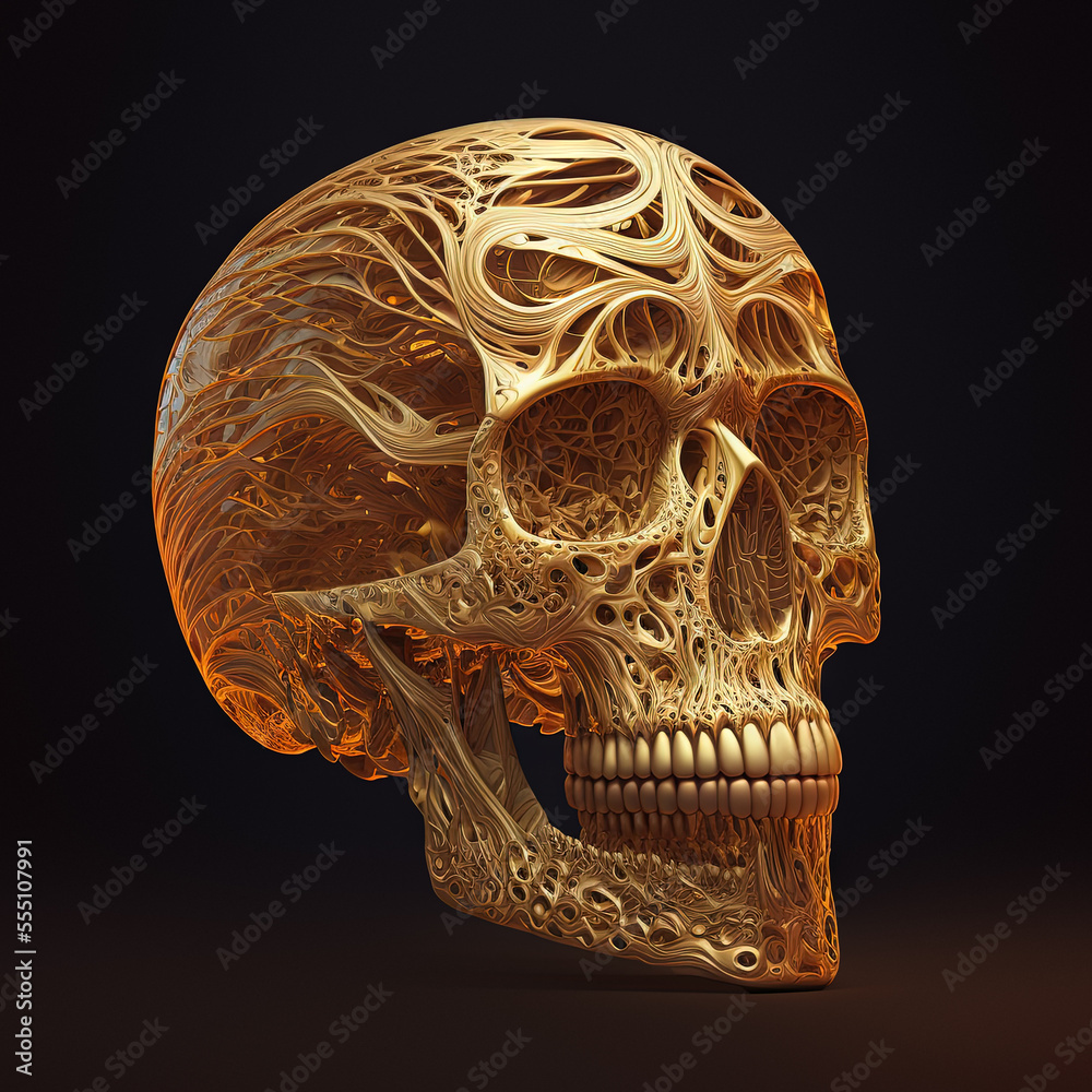 Art of human skull covered with golden pattern against dark background. Art of human skull covered with golden pattern against dark background.