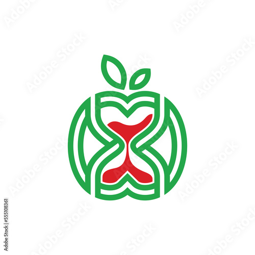 Fruit apple logo with Hourglass, fruit silhouette simple linear geometric shape in minimalist style.