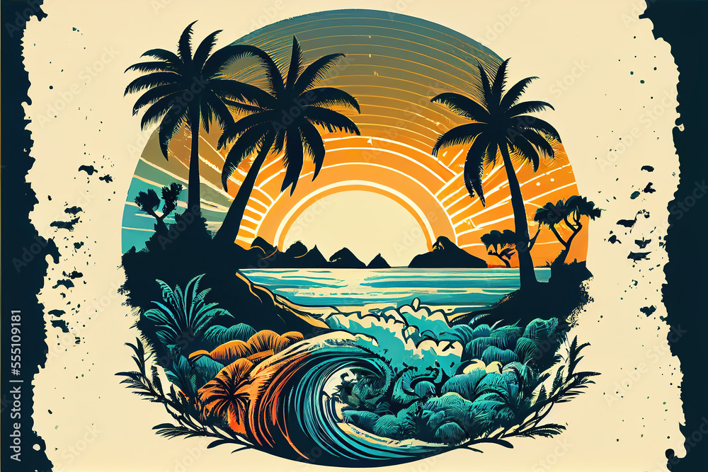 tropical island beach with palm trees and sunset, good reference for t-shirt design, made with generative ai