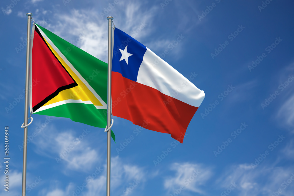 Co-operative Republic of Guyana and Republic of Chile Flags Over Blue Sky Background. 3D Illustration Co-operative Republic of Guyana and Republic of Chile Flags Over Blue Sky Background. 3D Illustration
