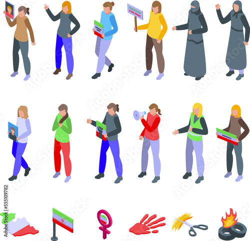 Iran protests icons set isometric vector. Woman hair. Girl flag