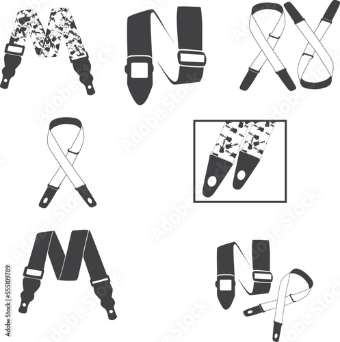 Guitar strap icon set, instrumental strap icon set black vector