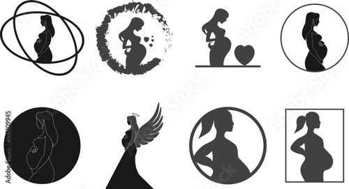 Pregnant icon set, childbearing icon set black vector