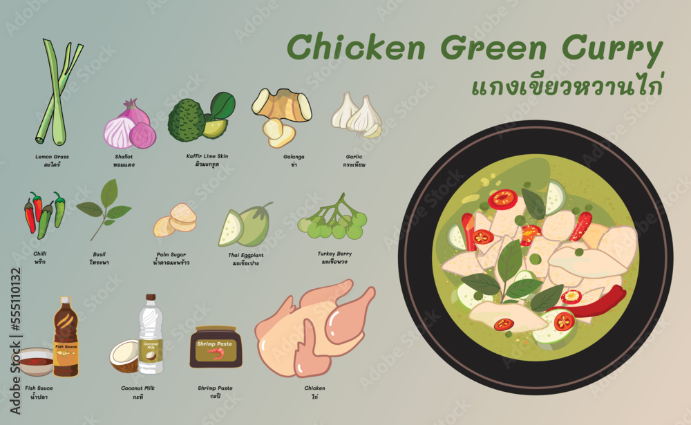 Thai food green chicken curry and ingredients tradition - obrazy, fototapety, plakaty 