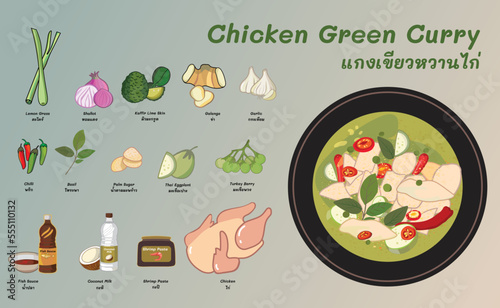 Thai food green chicken curry and ingredients tradition