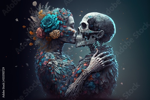 eternal love concept illustration, A woman kissing her lover skeleton.