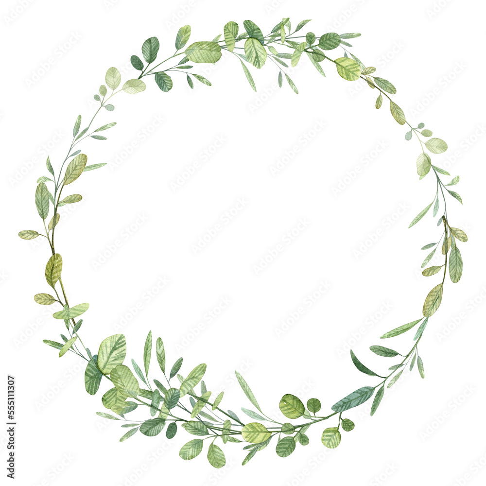 Floral wreath teamplate with realistic hand painted watercolor green leaves for wedding and greeting cards with copy space inside