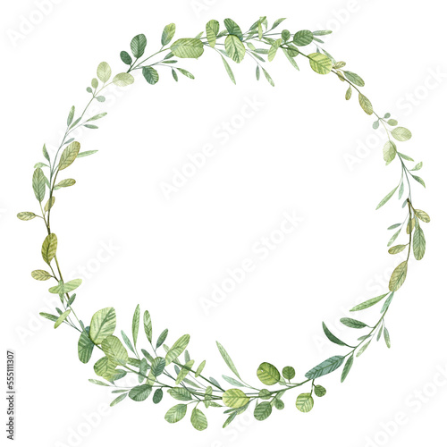 Floral wreath teamplate with realistic hand painted watercolor green leaves for wedding and greeting cards with copy space inside