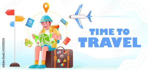 Time to Travel, 3d illustration of man sitting on suitcase looking at flight destination