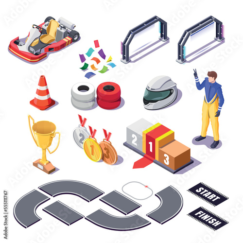 vector set isometric auto racing sport on white background, low poly objects of the cup, roads for karting, medals, helmet, 3d red karting