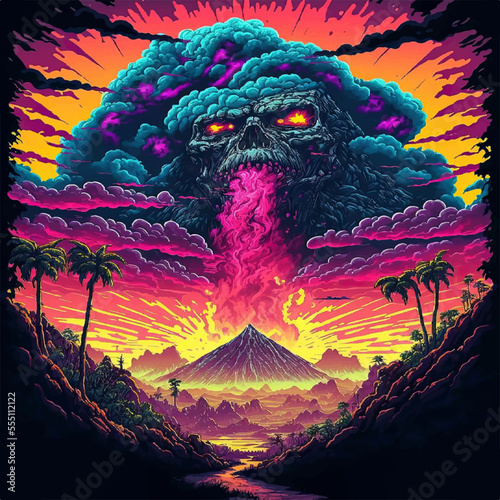 Fotografija illustration of an erupting mountain, caused by an evil demon