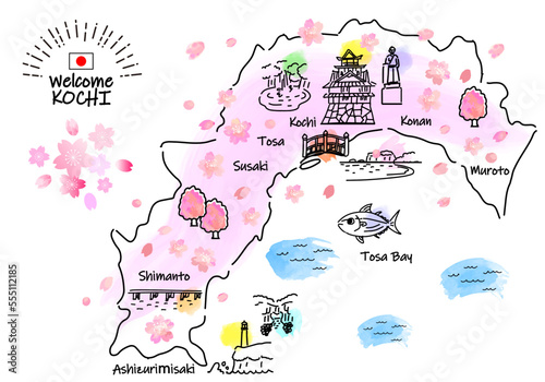 春の高知県の観光地のシンプル線画イラストマップ（ピンク）