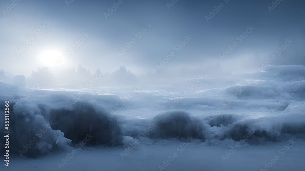 Obraz premium snowy mountains landscape with fog, generative ai
