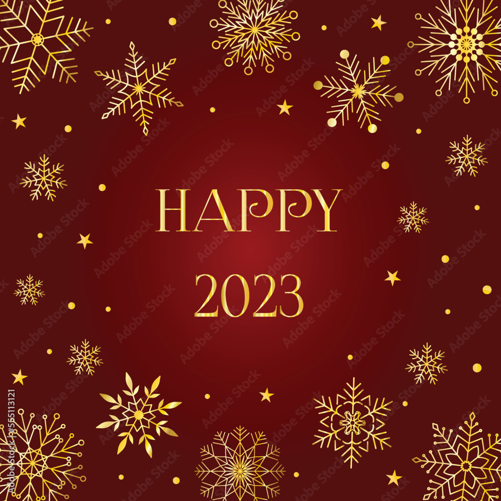 Elegant Happy New Year 2023 Christmas greeting card with gold snowflake round frame with copy space on dark red background. Minimalist retro vintage style template for holiday banner
